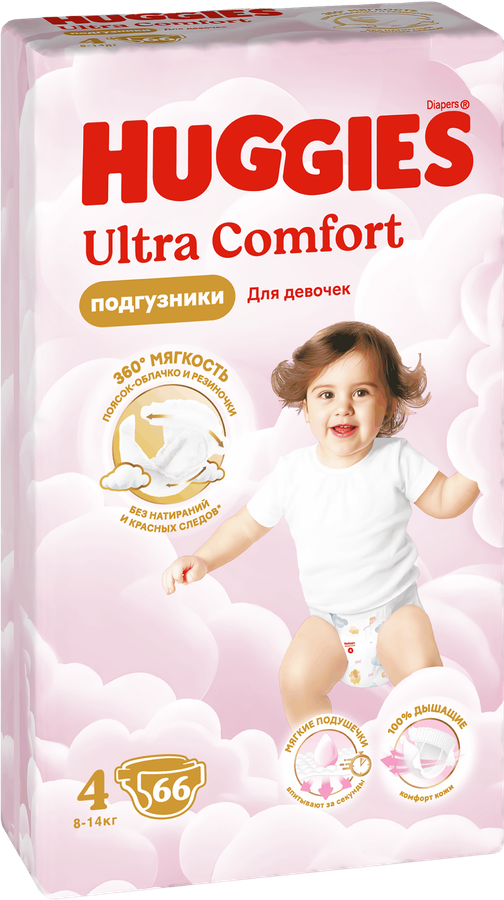Подгузники для девочек HUGGIES Ultra Comfort 4 8–14кг, 66шт, предпросмотр