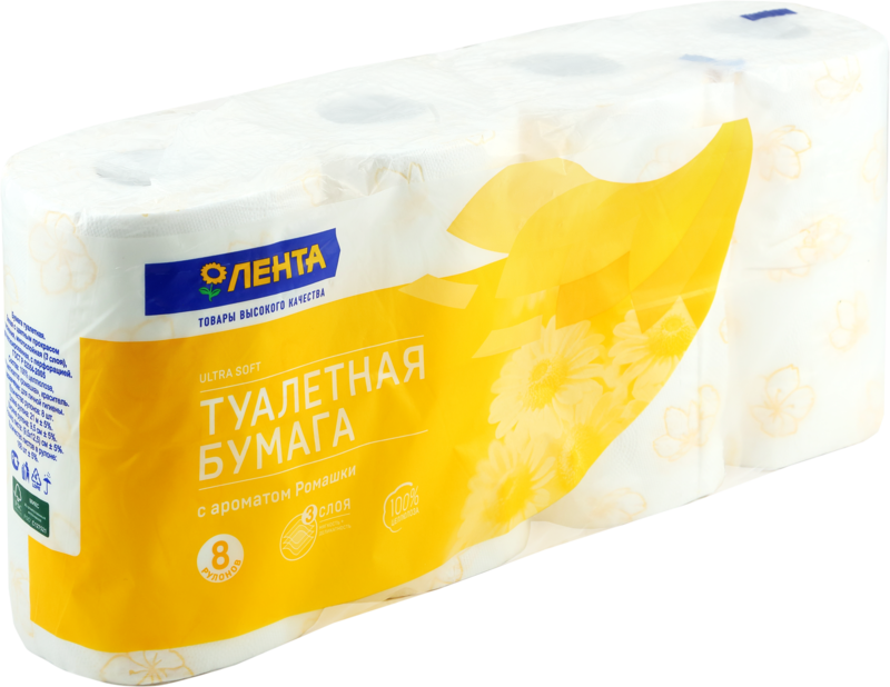 Бумага туалетная ЛЕНТА 3 слоя с ароматом ромашки, 8шт, превью