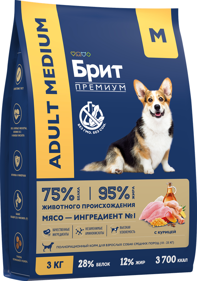 Корм сухой для взрослых собак BRIT Premium Adult М для средних пород, 3кг, превью
