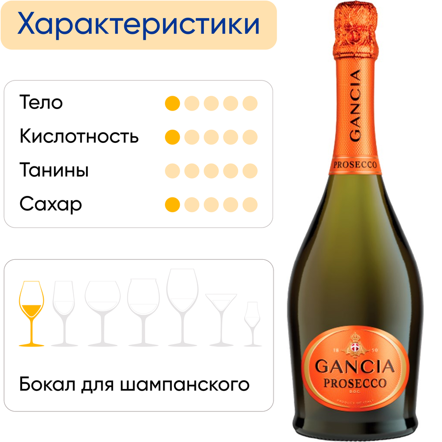 Вино игристое GANCIA Просекко Драй Венето белое сухое, 0.75л, превью