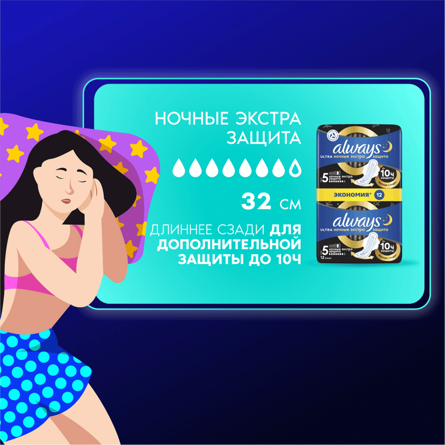 Прокладки ночные ALWAYS Ultra Night Экстра защита, с крылышками, 12шт, предпросмотр