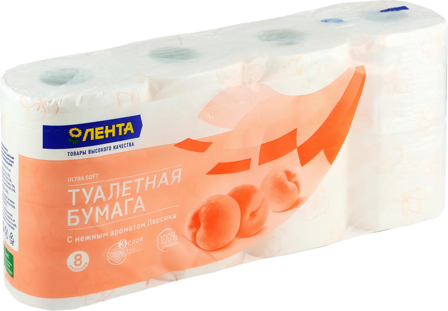 Бумага туалетная ЛЕНТА 3 слоя с ароматом персика, 8шт, превью