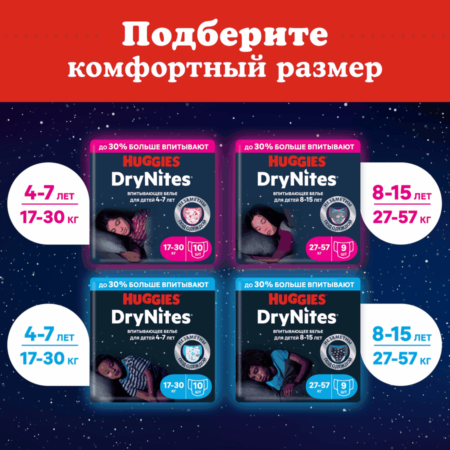Подгузники-трусики для мальчиков HUGGIES DryNites 8–15 30–57кг, 9шт, предпросмотр
