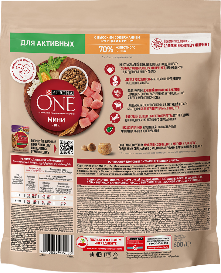 Корм сухой для взрослых собак PURINA ONE для мелких пород с активных образом жизни, с высоким содержанием курицы и с рисом, 600г, превью