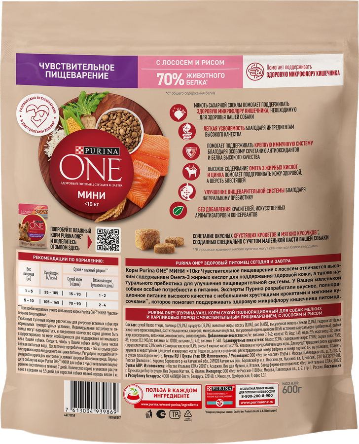 Корм сухой для взрослых собак PURINA ONE Мини Чувствительная, для мелких пород с чувствительным пищеварением, с лососем и рисом, 600г, превью