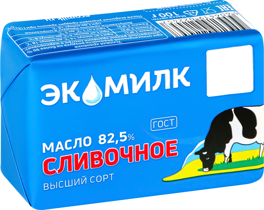Масло сливочное ЭКОМИЛК несоленое 82,5%, без змж, 100г, превью