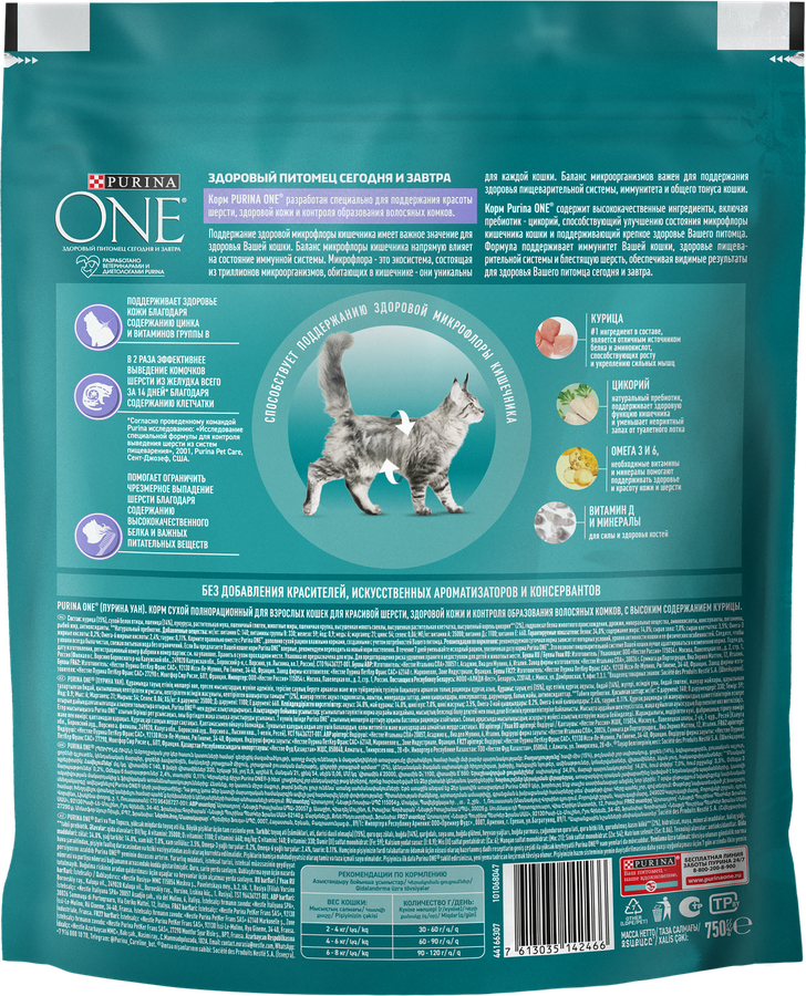 Корм сухой для взрослых кошек PURINA ONE для красивой шерсти, здоровой кожи и контроля образования волосяных комков, с высоким содержанием курицы и цельными злаками, 750г, превью