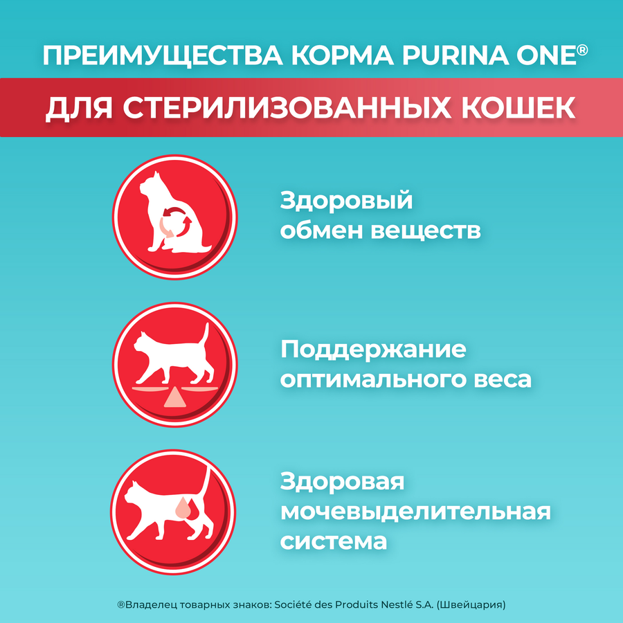 Корм сухой для взрослых кошек PURINA ONE для стерилизованных и кастрированных, с высоким содержанием лосося и пшеницей, 1,5кг, превью
