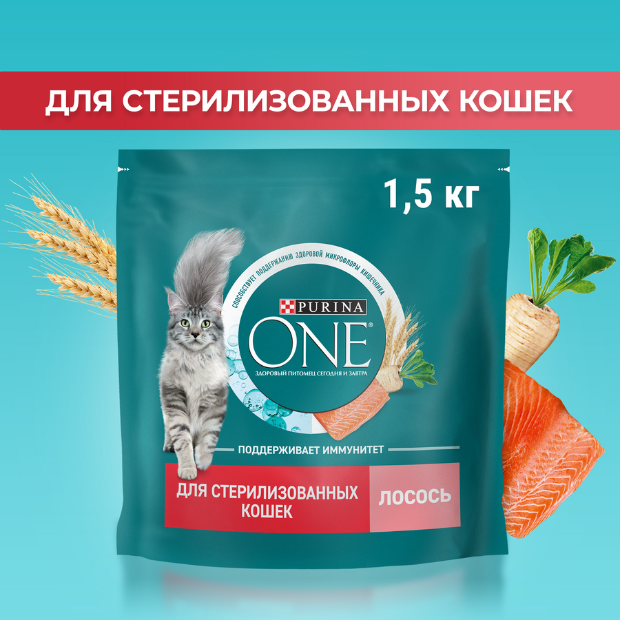 Корм сухой для взрослых кошек PURINA ONE для стерилизованных и кастрированных, с высоким содержанием лосося и пшеницей, 1,5кг, превью