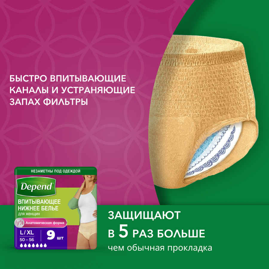 Белье впитывающее женское DEPEND L/XL, 9шт, превью