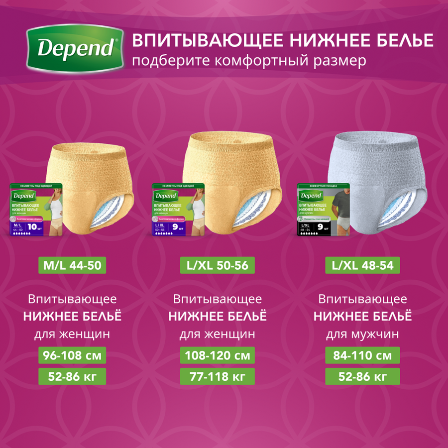 Белье впитывающее женское DEPEND L/XL, 9шт, превью