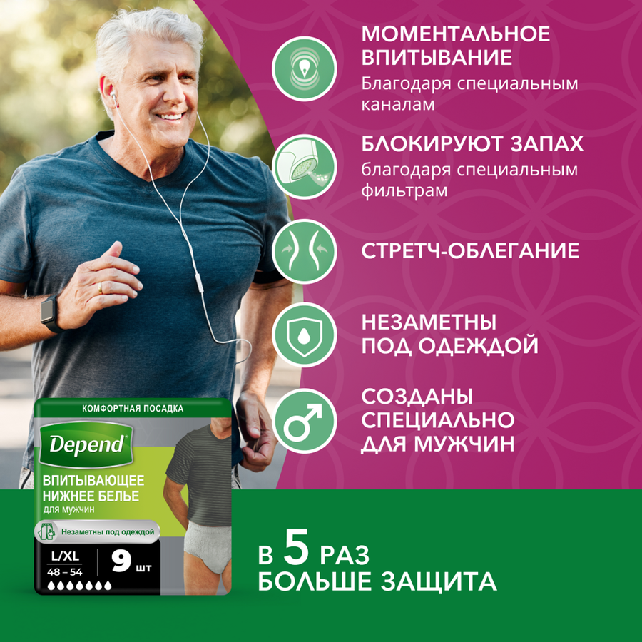 Белье впитывающее мужское DEPEND L/XL, 9шт, предпросмотр