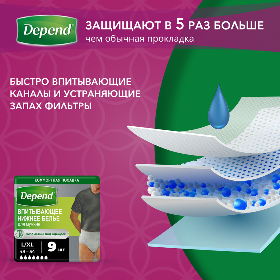 Белье впитывающее мужское DEPEND L/XL, 9шт, превью