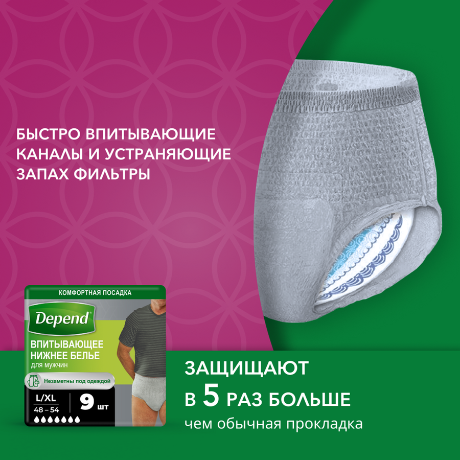 Белье впитывающее мужское DEPEND L/XL, 9шт, предпросмотр