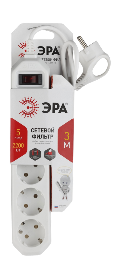 Сетевой фильтр ЭРА 5 розеток с заземлением с выключателем, 3м, превью