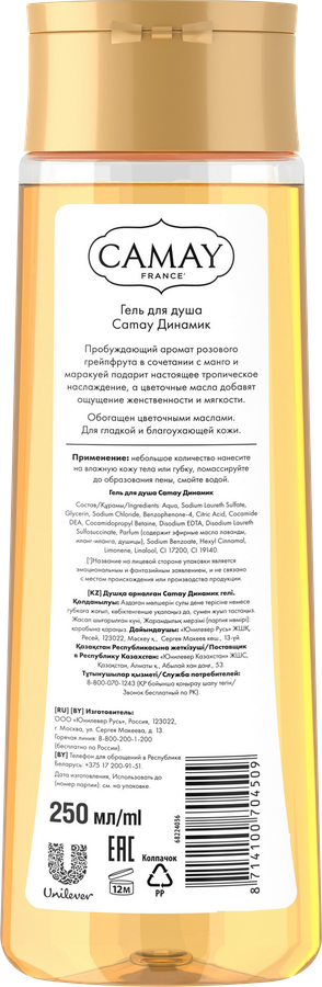 Гель для душа CAMAY Dynamique с ароматом розового грейпфрута, 250мл, превью