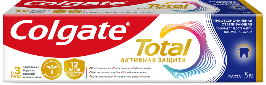 Зубная паста COLGATE Total 12 Профессиональная Отбеливающая с цинком и аргинином для борьбы с потемнениями эмали и с антибактериальной защитой, 75мл, предпросмотр