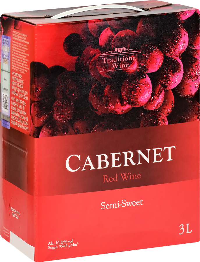 Вино TRADITIONAL WINE Каберне сортовое красное полусладкое, 3л, предпросмотр