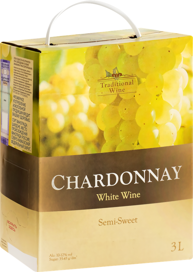 Вино TRADITIONAL WINE Шардоне сортовое белое полусладкое, 3л, предпросмотр