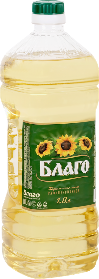 Масло подсолнечное БЛАГО рафинированное дезодорированное первый сорт, 1,8л, предпросмотр