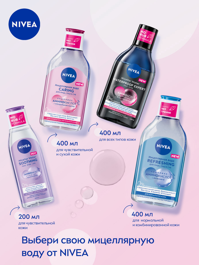 Вода мицеллярная для лица, глаз и губ NIVEA Caring для сухой и чувствительной кожи, 400мл, предпросмотр