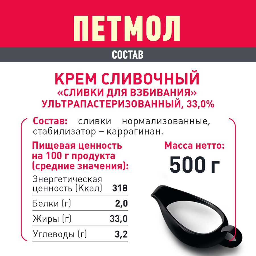 Сливки ультрапастеризованные ПЕТМОЛ Для взбивания 33%, без змж, 500г, превью