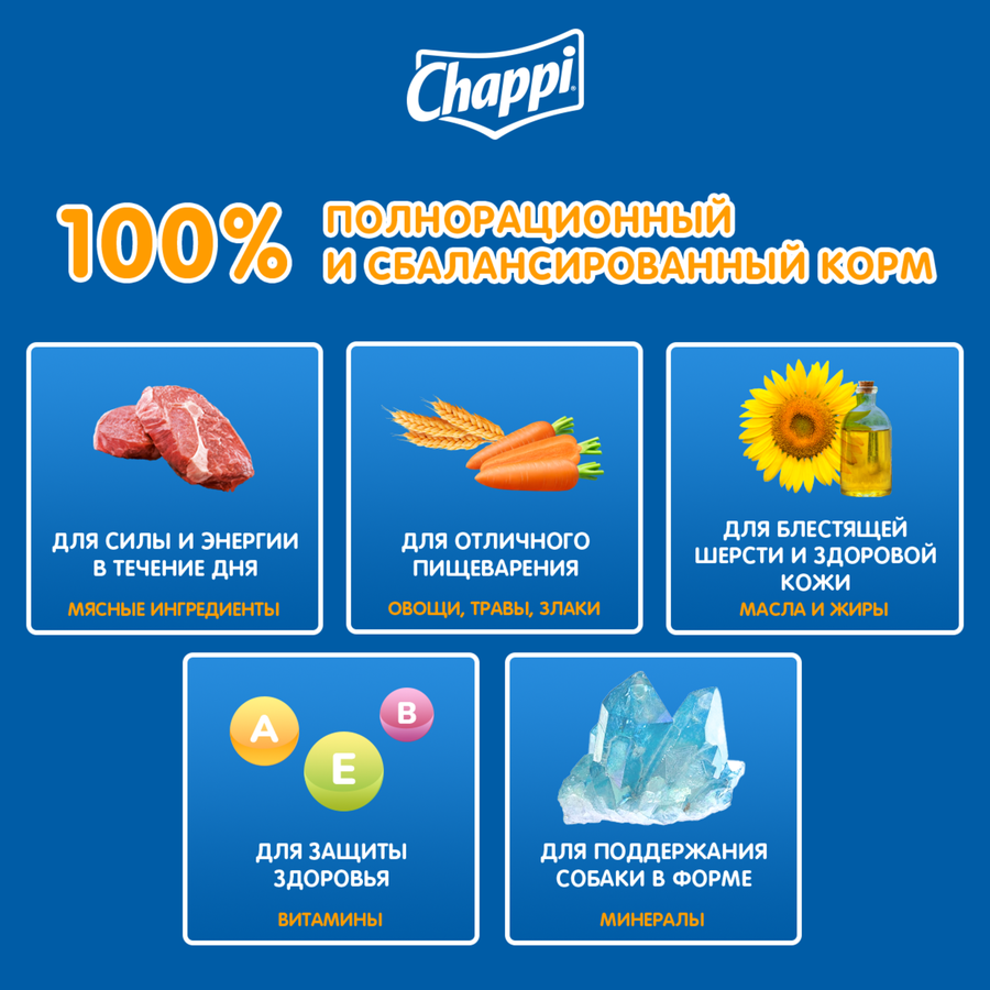 Корм сухой для взрослых собак CHAPPI Сытный мясной обед с говядиной, для всех пород, 600г, превью