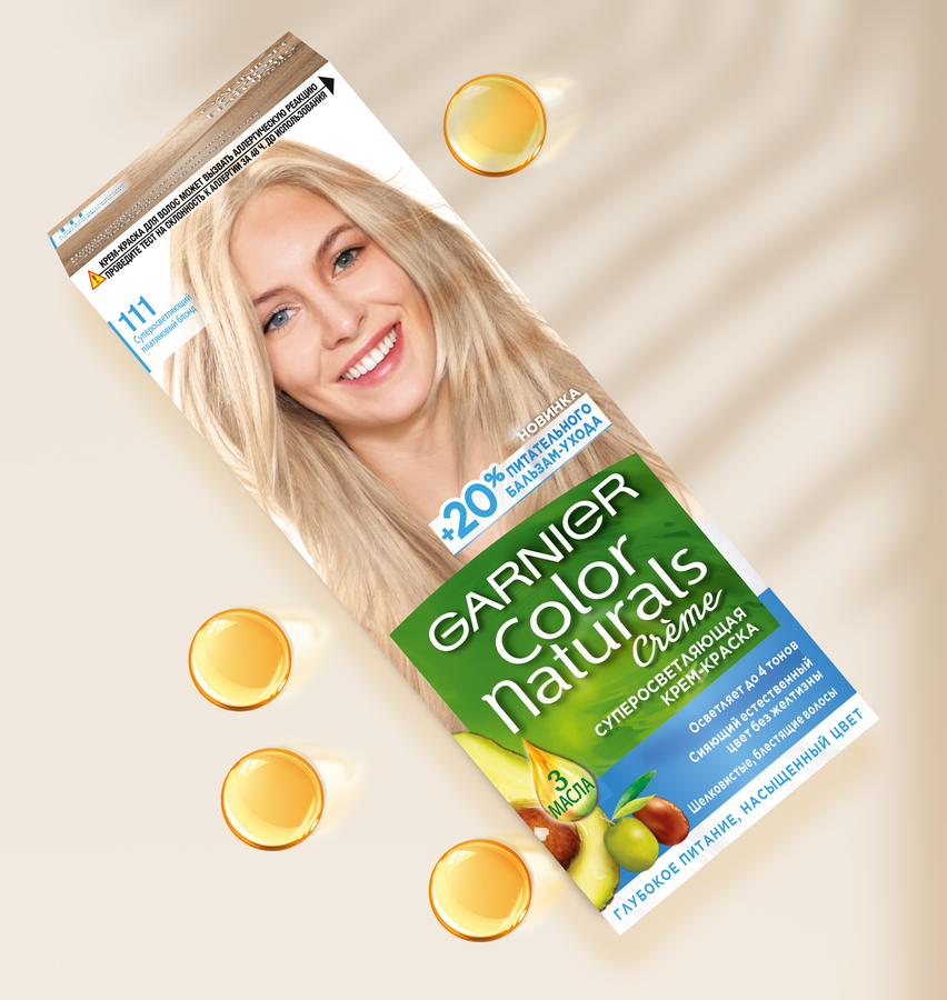 Краска для волос COLOR NATURALS 111 Платиновый блонд, с 3 маслами, 110мл, предпросмотр