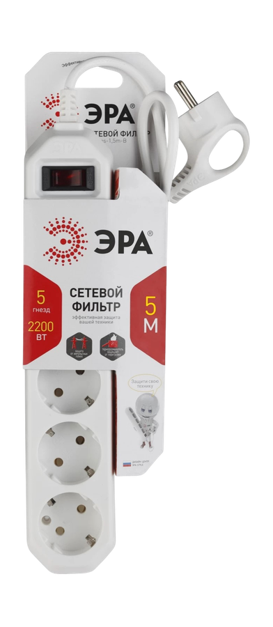 Сетевой фильтр ЭРА 5 розеток с заземлением с выключателем, 5м, превью