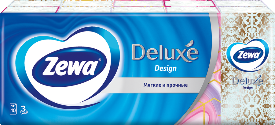 Платочки бумажные носовые ZEWA Deluxe Design 3-слоя, 10x10шт, предпросмотр
