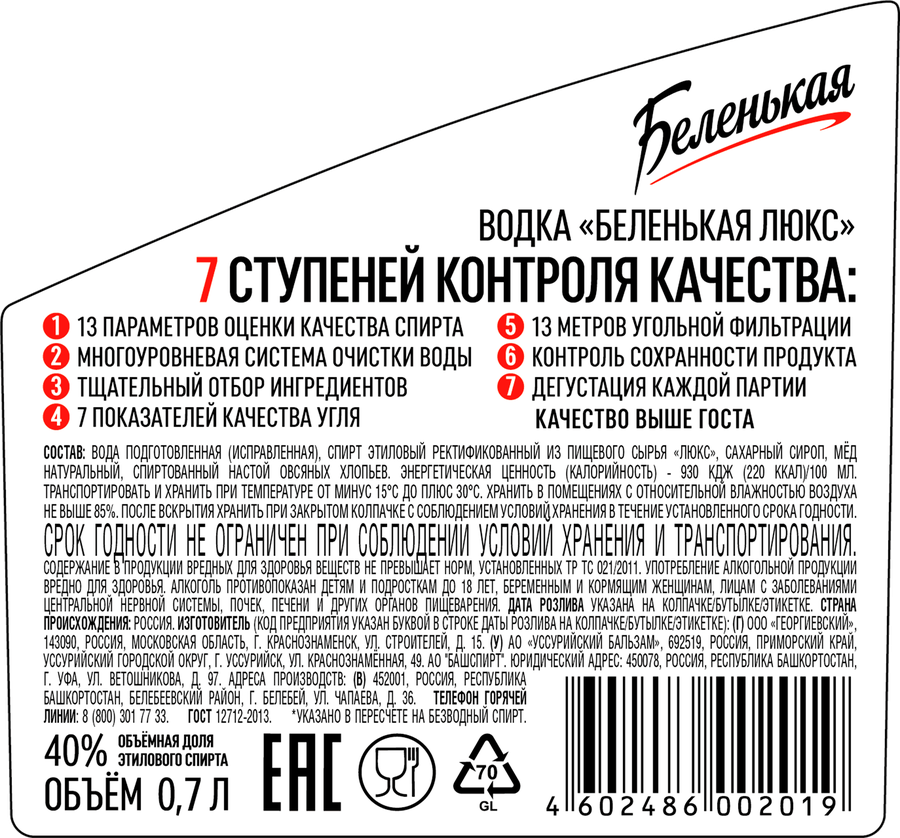 Водка БЕЛЕНЬКАЯ Люкс 40%, 0.7л, предпросмотр