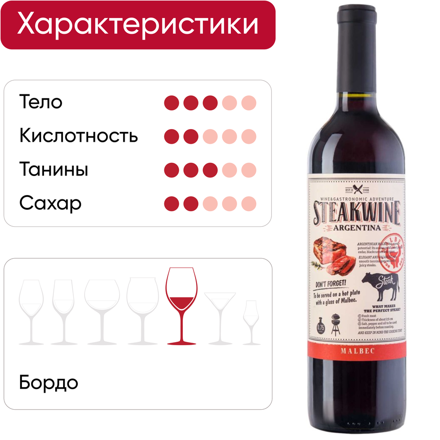 Вино STEAKWINE Мальбек Мендоса ординарное красное полусухое, 0.75л, предпросмотр