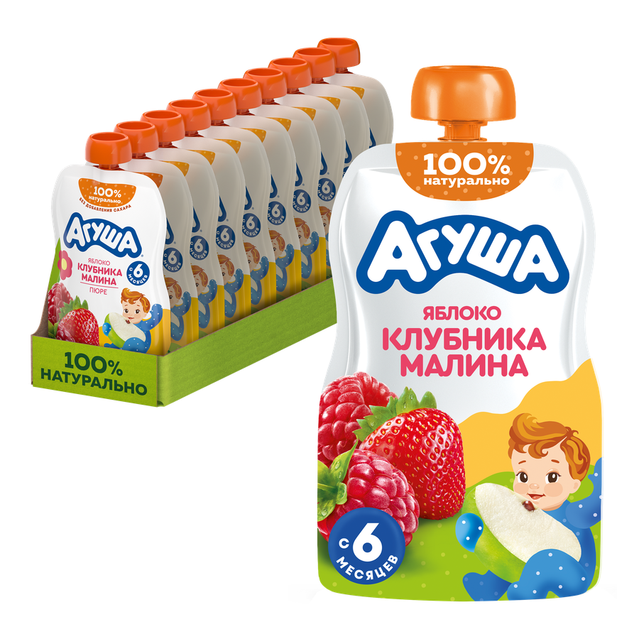 Пюре фруктово-ягодное детское АГУША Яблоко, клубника, малина, с 6 месяцев, 90г, предпросмотр