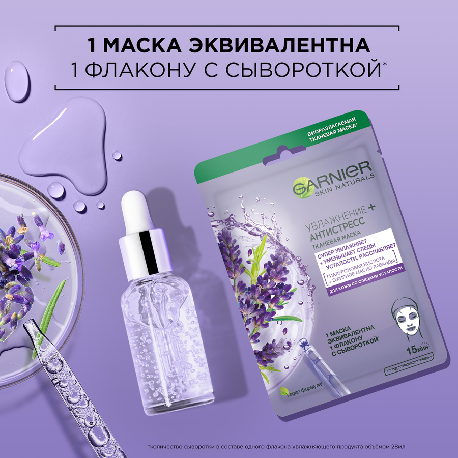 Маска тканевая для лица GARNIER Увлажнение + Антистресс с гиалуроновой кислотой, эфирным маслом лаванды и увлажняющей сывороткой, 32г, предпросмотр