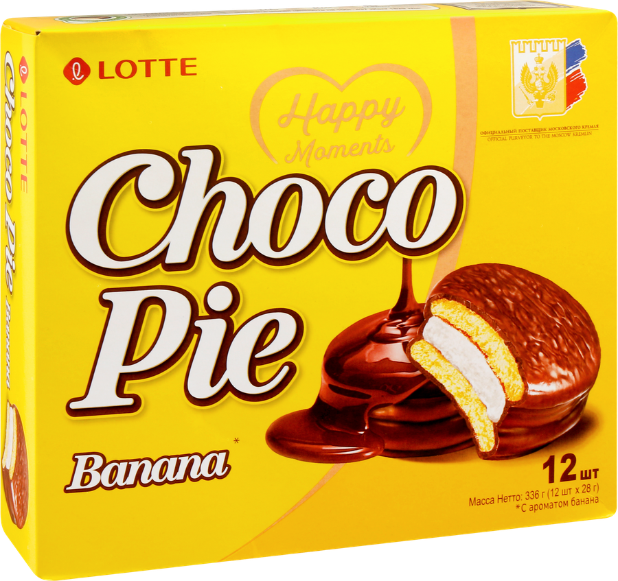 Печенье LOTTE Choco Pie Banana бисквитное в шоколадной глазури, 12х28г, превью