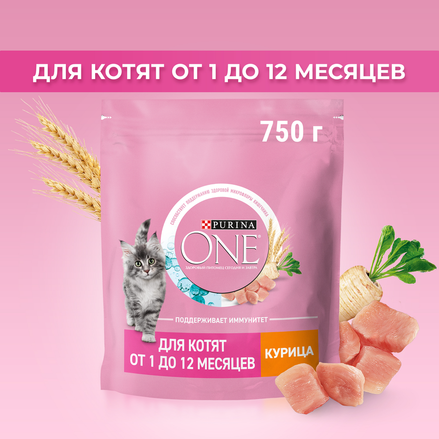 Корм сухой для котят PURINA ONE полнорационный, от 1 до 12 месяцев, с высоким содержанием курицы, 750г, предпросмотр