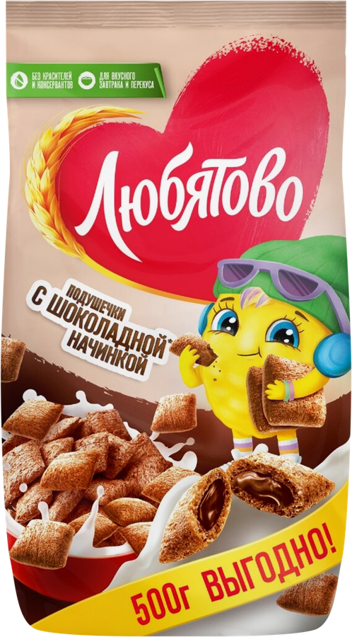 Готовый завтрак ЛЮБЯТОВО Подушечки с шоколадной начинкой, 500г, превью