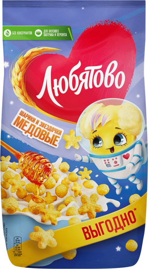 Готовый завтрак ЛЮБЯТОВО Медовые шарики и звездочки, 420г, превью