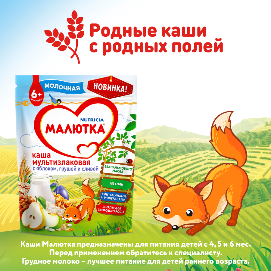 Каша мультизлаковая МАЛЮТКА молочная с яблоком, грушей и сливой, с 6 месяцев, 220г, предпросмотр