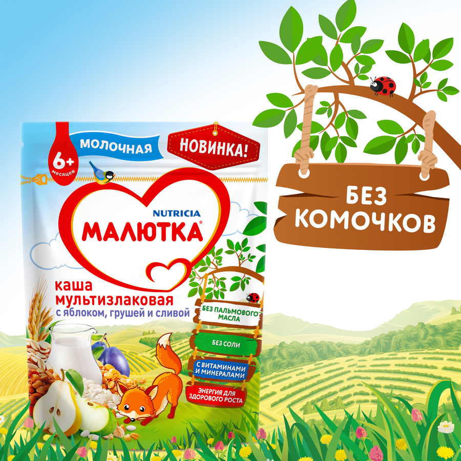 Каша мультизлаковая МАЛЮТКА молочная с яблоком, грушей и сливой, с 6 месяцев, 220г, превью