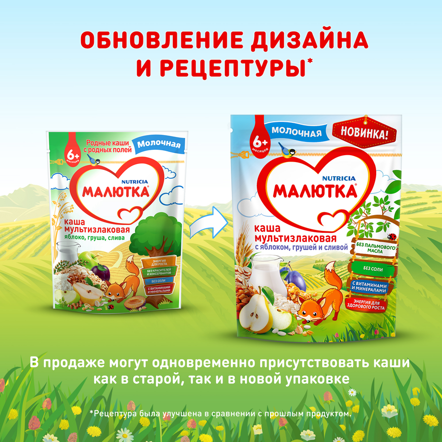 Каша мультизлаковая МАЛЮТКА молочная с яблоком, грушей и сливой, с 6 месяцев, 220г, предпросмотр