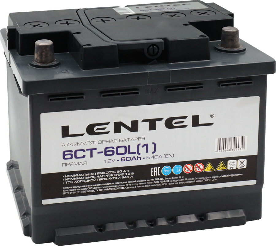 Аккумуляторная батарея LENTEL 6СТ-60L+ прямая, превью