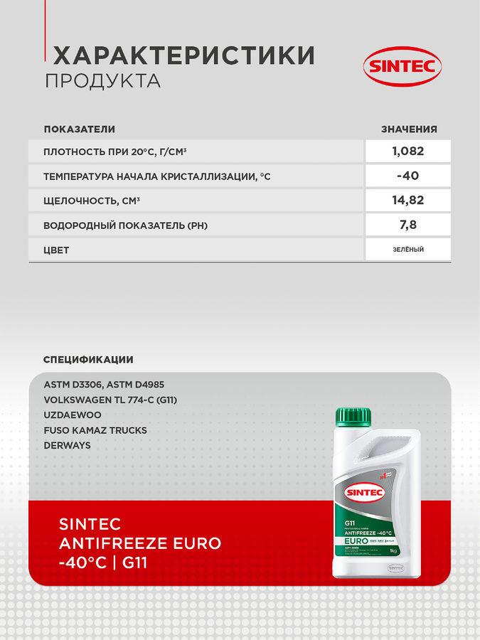 Антифриз SINTEC зеленый G11 Арт. 802558, 1кг, превью
