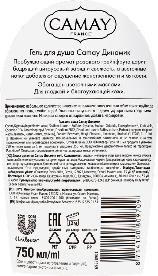 Гель для душа CAMAY Dynamique, 750мл, предпросмотр