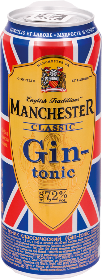 Напиток слабоалкогольный MANCHESTER Джин-тоник классический, 7,2%, ж/б, 0.45л, превью