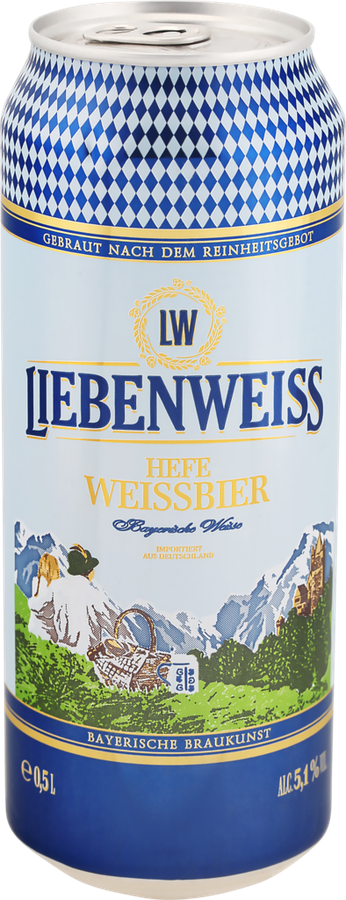 Пиво светлое LIEBENWEISS Hefe-Weissbier пшеничное нефильтрованное пастеризованное неосветленное, 5,1%, ж/б, 0.5л, предпросмотр
