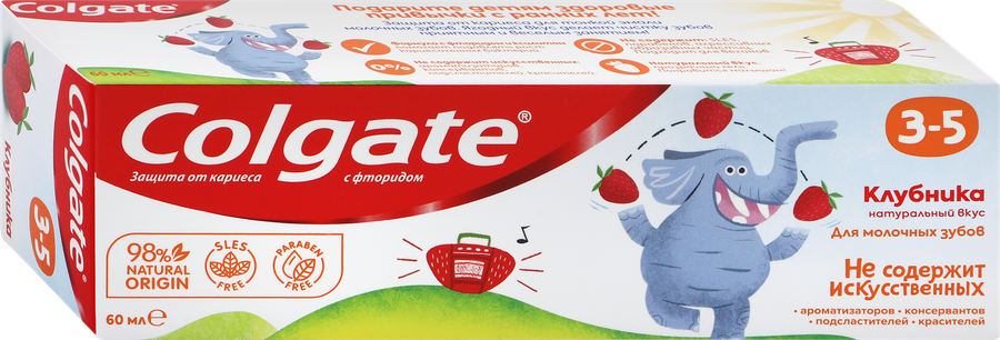 Зубная паста детская COLGATE Kids со вкусом клубники, защита от кариеса с фторидом, 3–5 лет, 60мл, предпросмотр