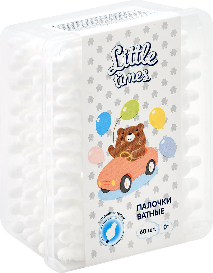 Ватные палочки детские LITTLE TIMES с ограничителем, 60шт, превью