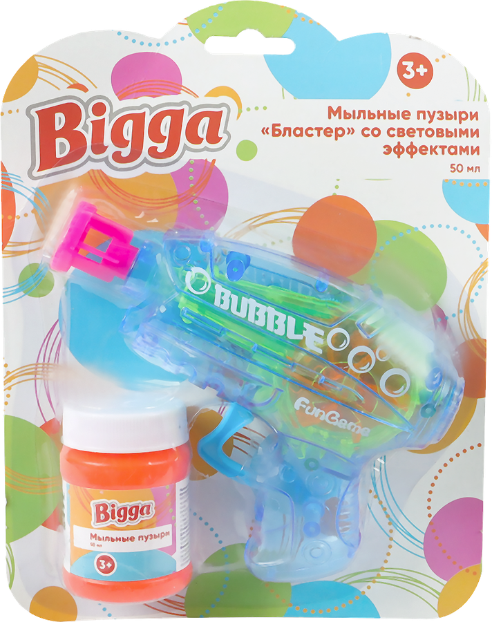 Игрушка BIGGA Пистолет для запуска мыльных пузырей, со световыми 
эффектами, 40мл, предпросмотр
