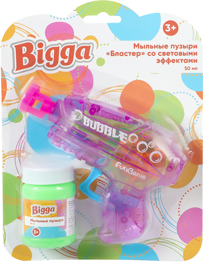 Игрушка BIGGA Пистолет для запуска мыльных пузырей, со световыми 
эффектами, 40мл, превью